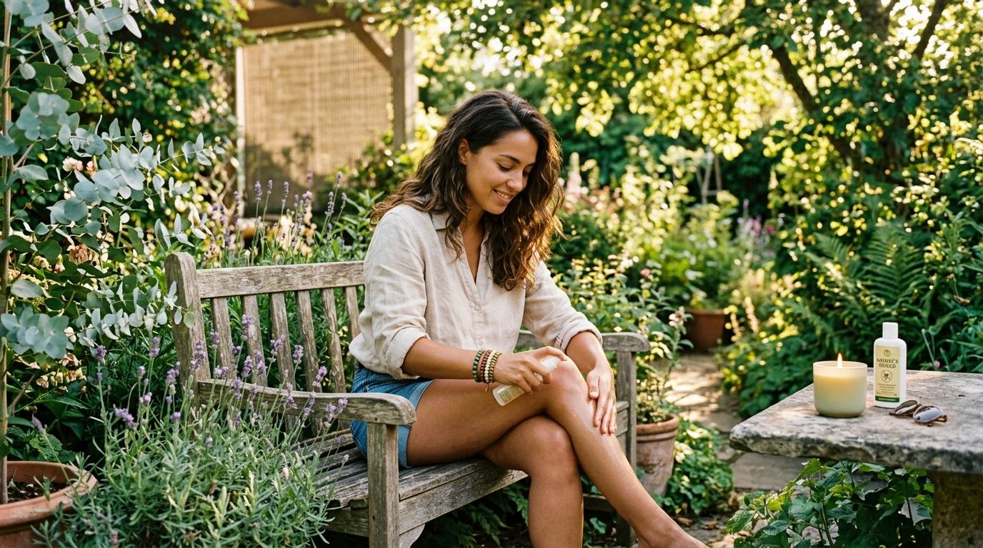 Femme appliquant une crème sur ses jambes dans un jardin.