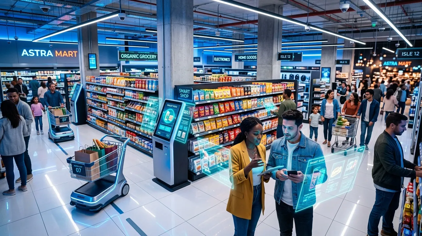 Intérieur moderne de supermarché avec clients et robots intelligents
