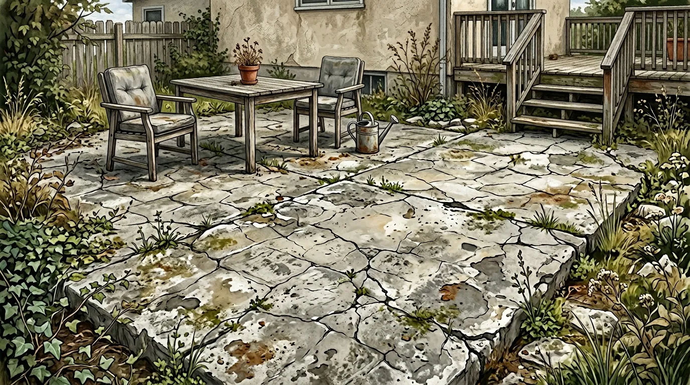 Patio délabré avec mobilier et végétation sauvage.