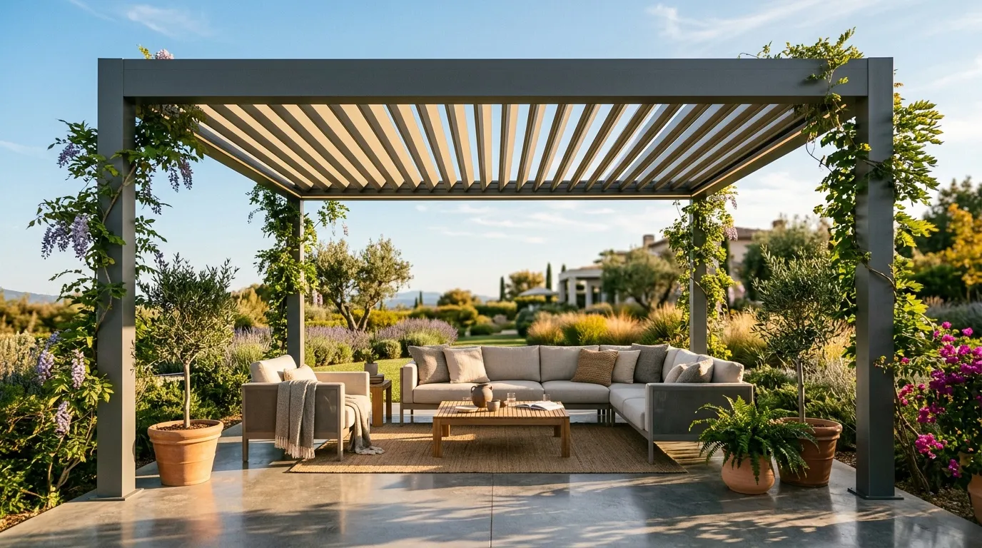 Pergola design avec mobilier confortable et jardins luxuriants