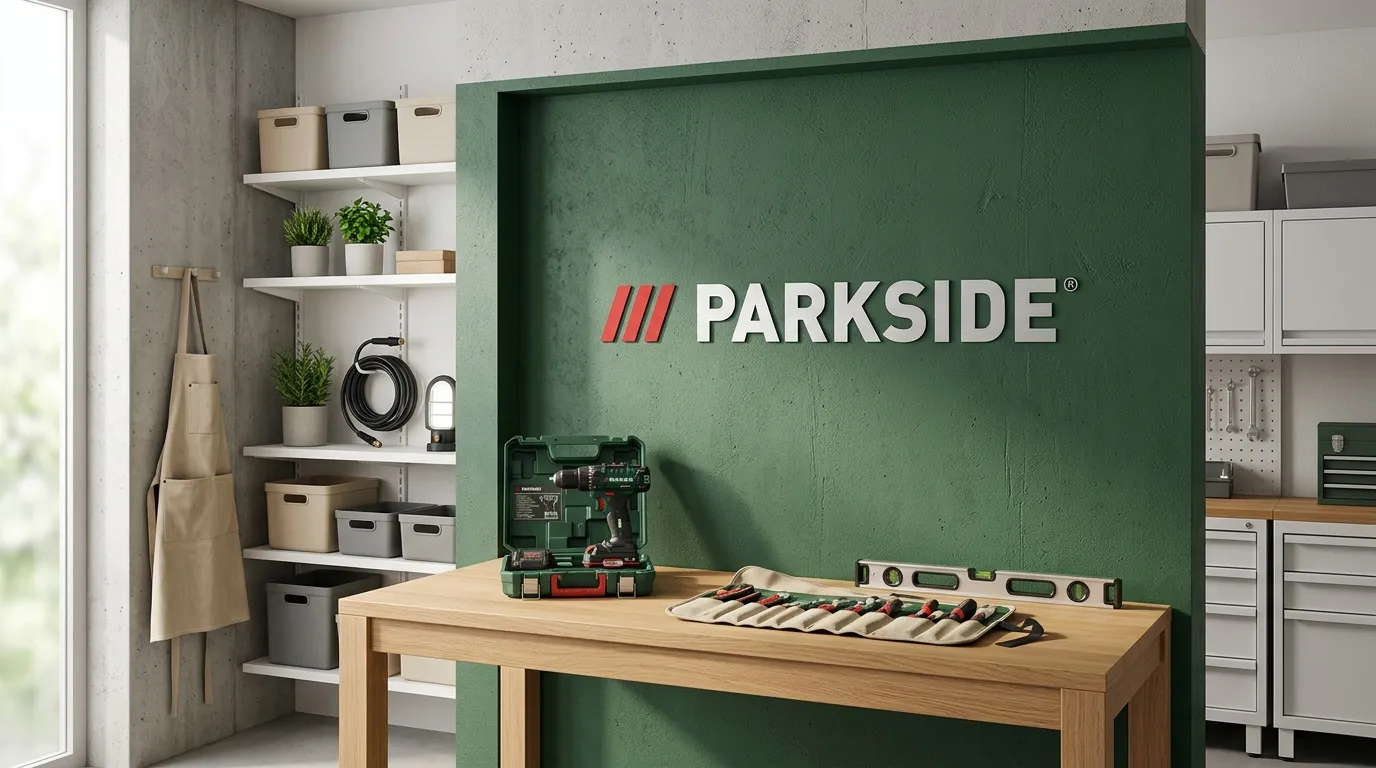 Espace de travail avec logo Parkside, outils et rangements organisés