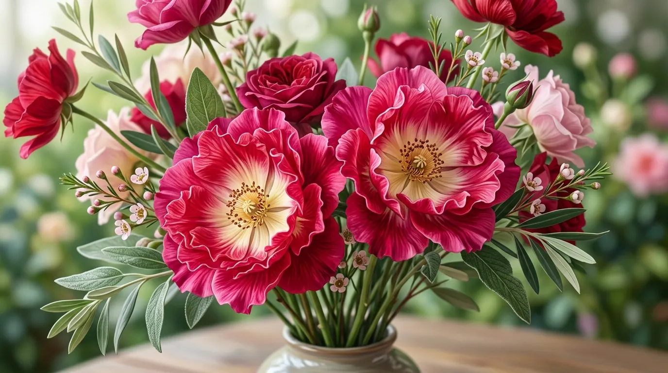 Vase de pivoines roses avec feuillage vert et petites fleurs
