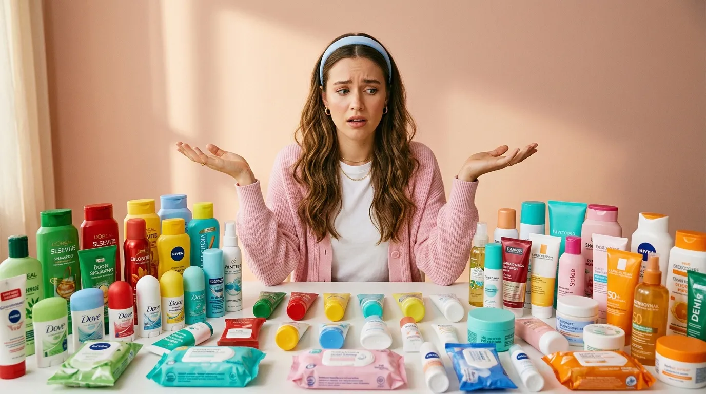 Jeune femme confuse devant une grande collection de produits cosm&eacute;tiques