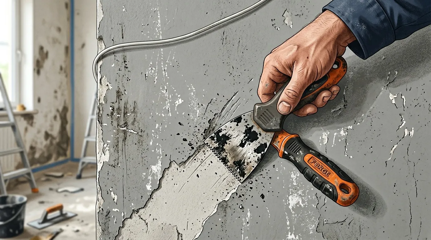 Ouvrier enlève revêtement gris du mur avec outil
