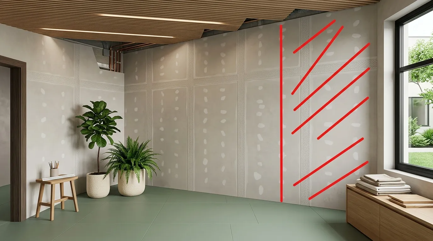Pièce contemporaine avec murs géométriques et lignes néon rouges