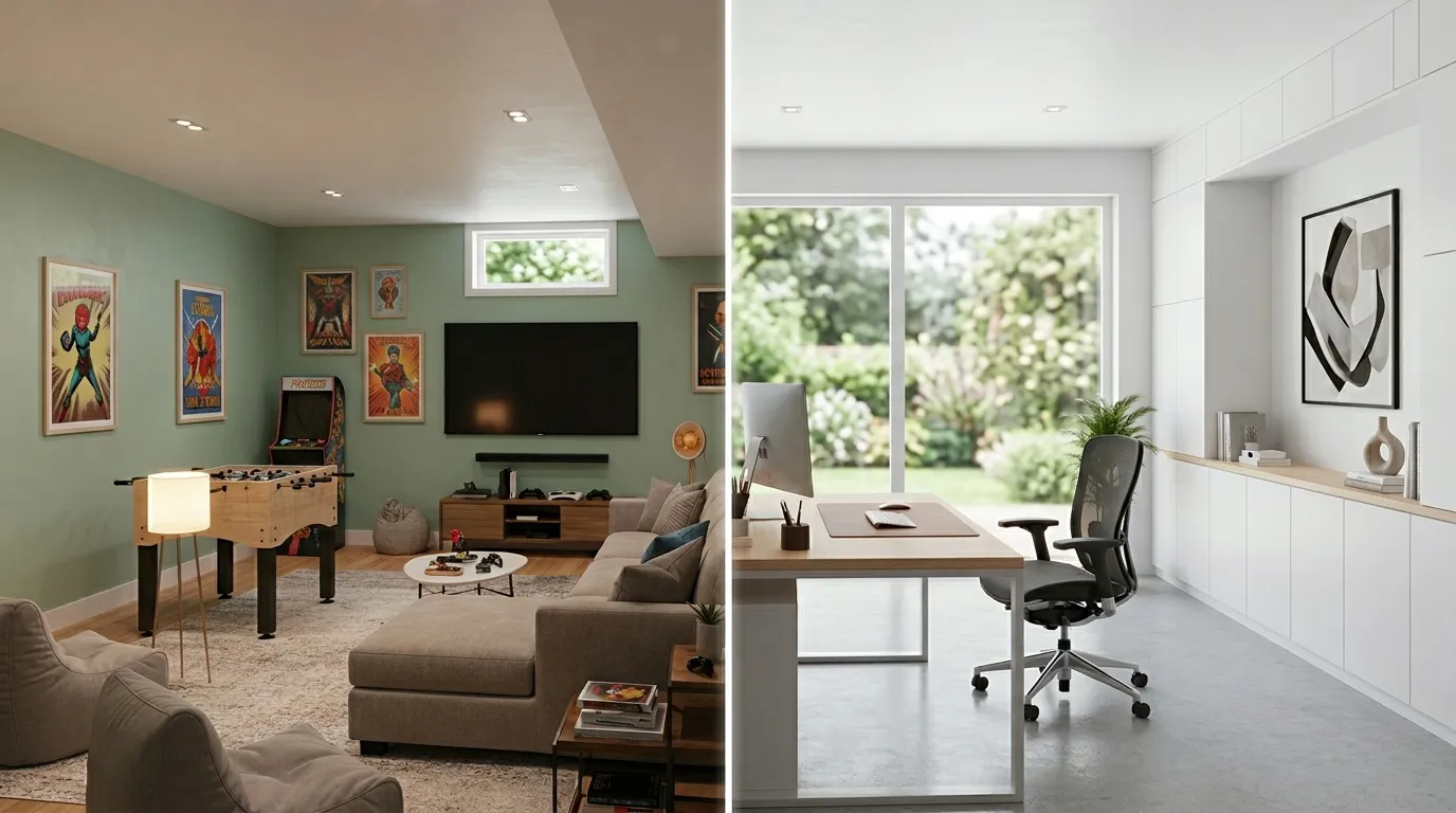 Salle de jeux verte et bureau blanc minimaliste avec grandes baies vitrées