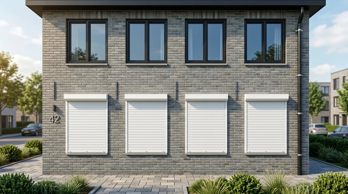Immeuble résidentiel avec quatre volets roulants blancs
