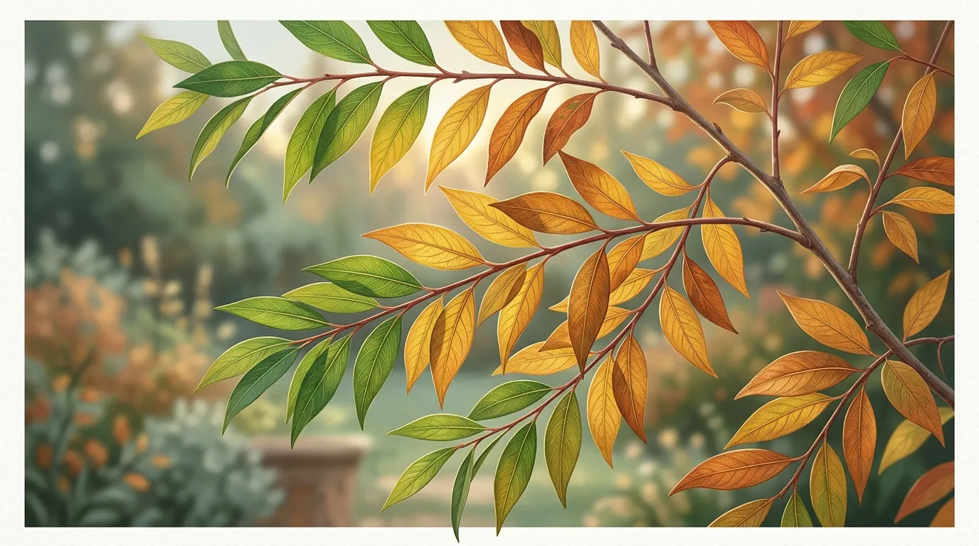 Branches avec feuilles vertes et dorées d'automne
