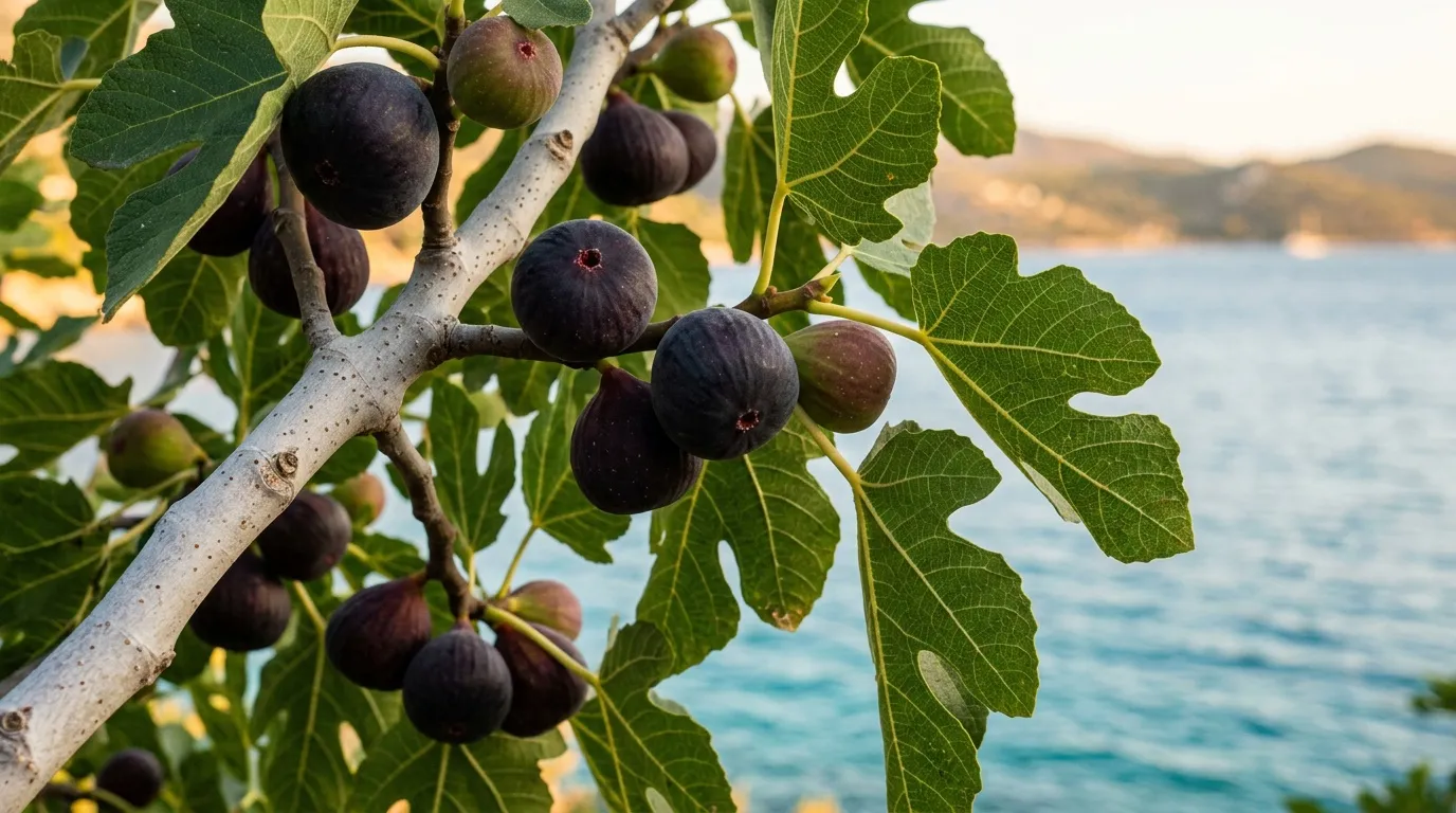 Branche de figuier avec fruits noirs mûrs et feuilles vertes