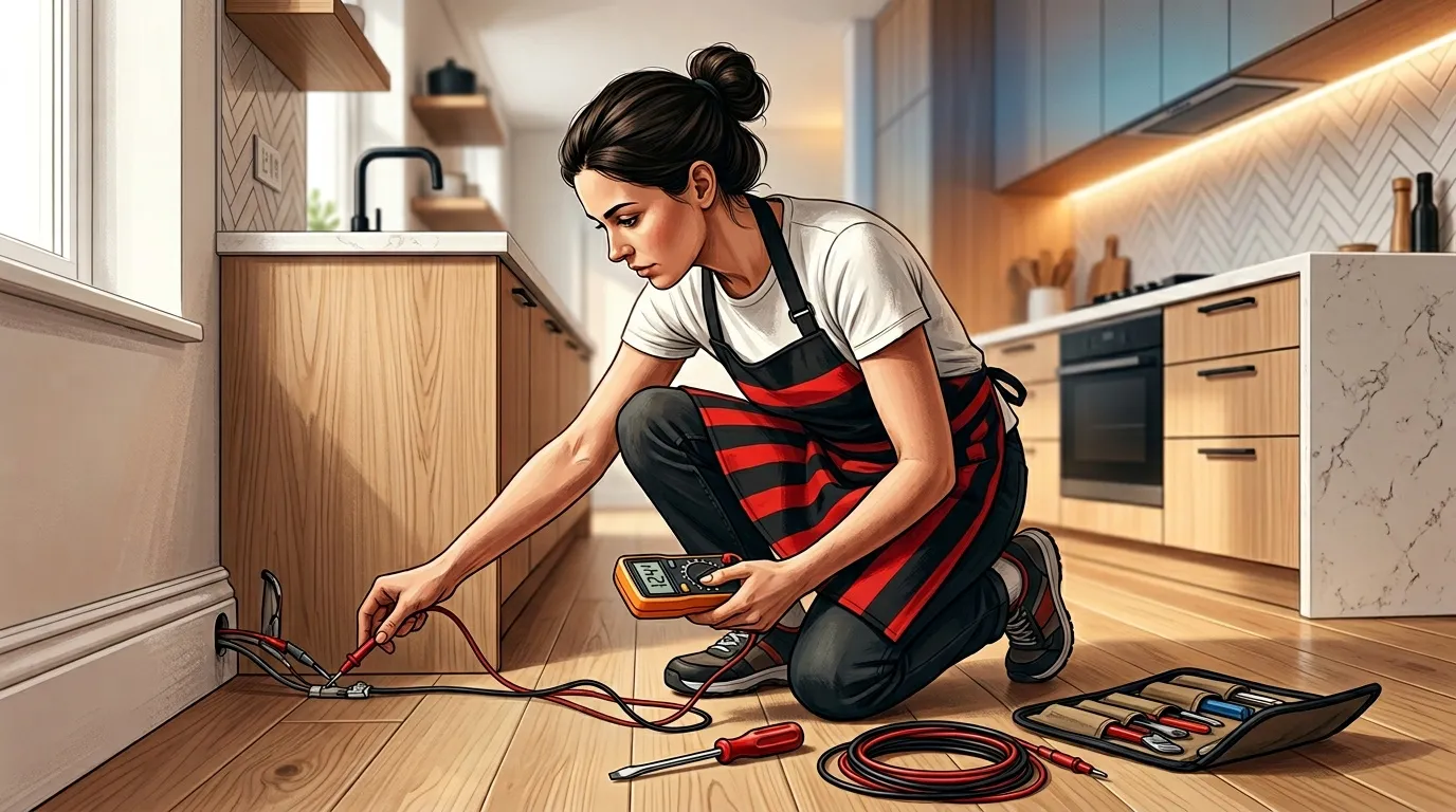 Femme électricienne avec multimètre vérifiant circuit électrique cuisine