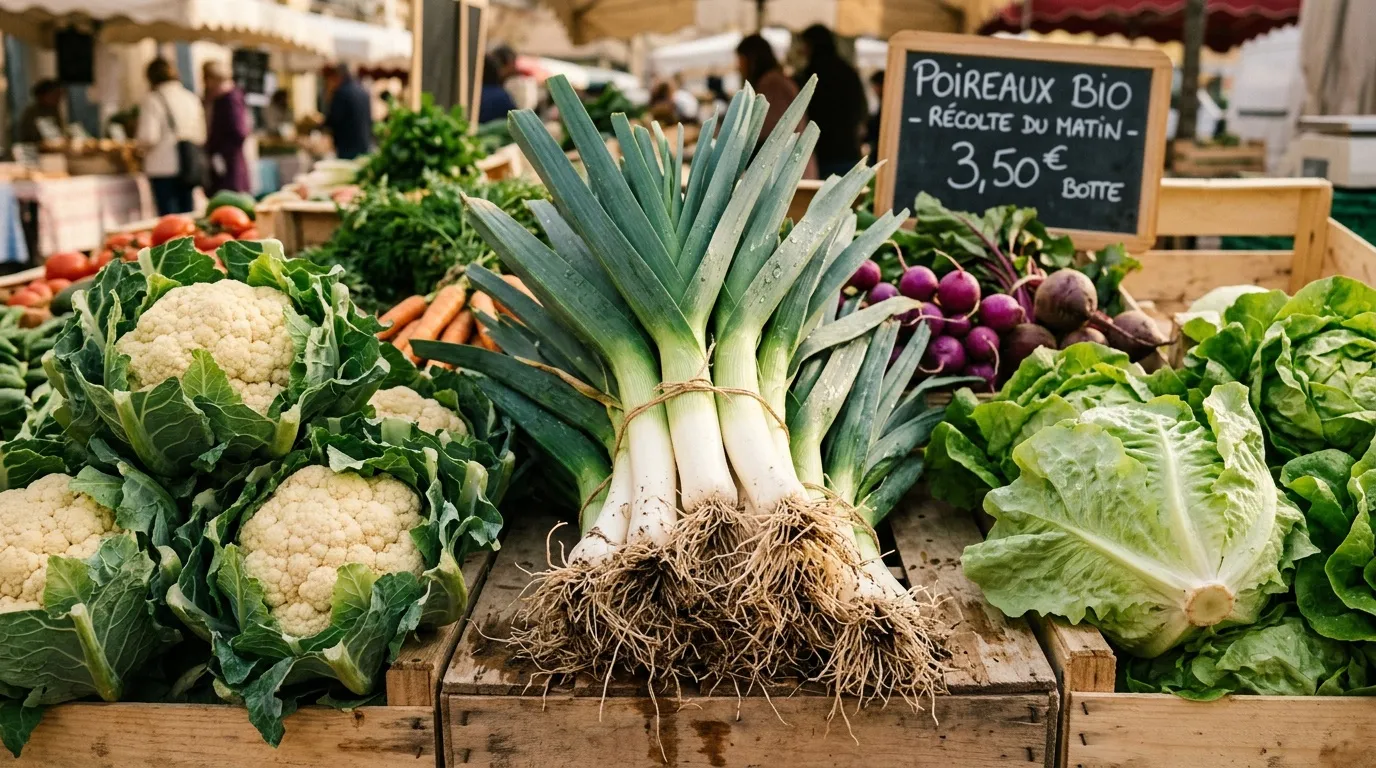 Poireaux bio et légumes frais exposés au marché