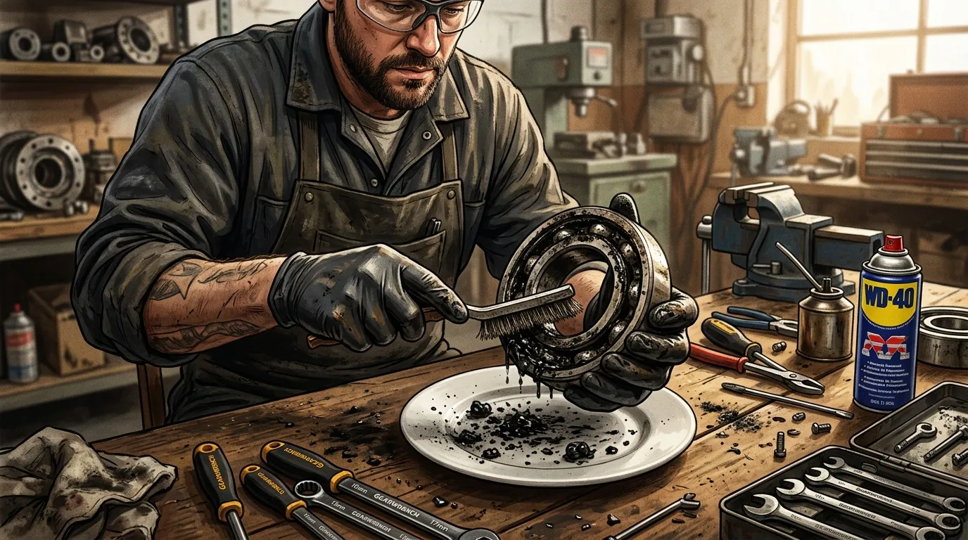 Mécanicien en atelier nettoie un roulement avec WD-40