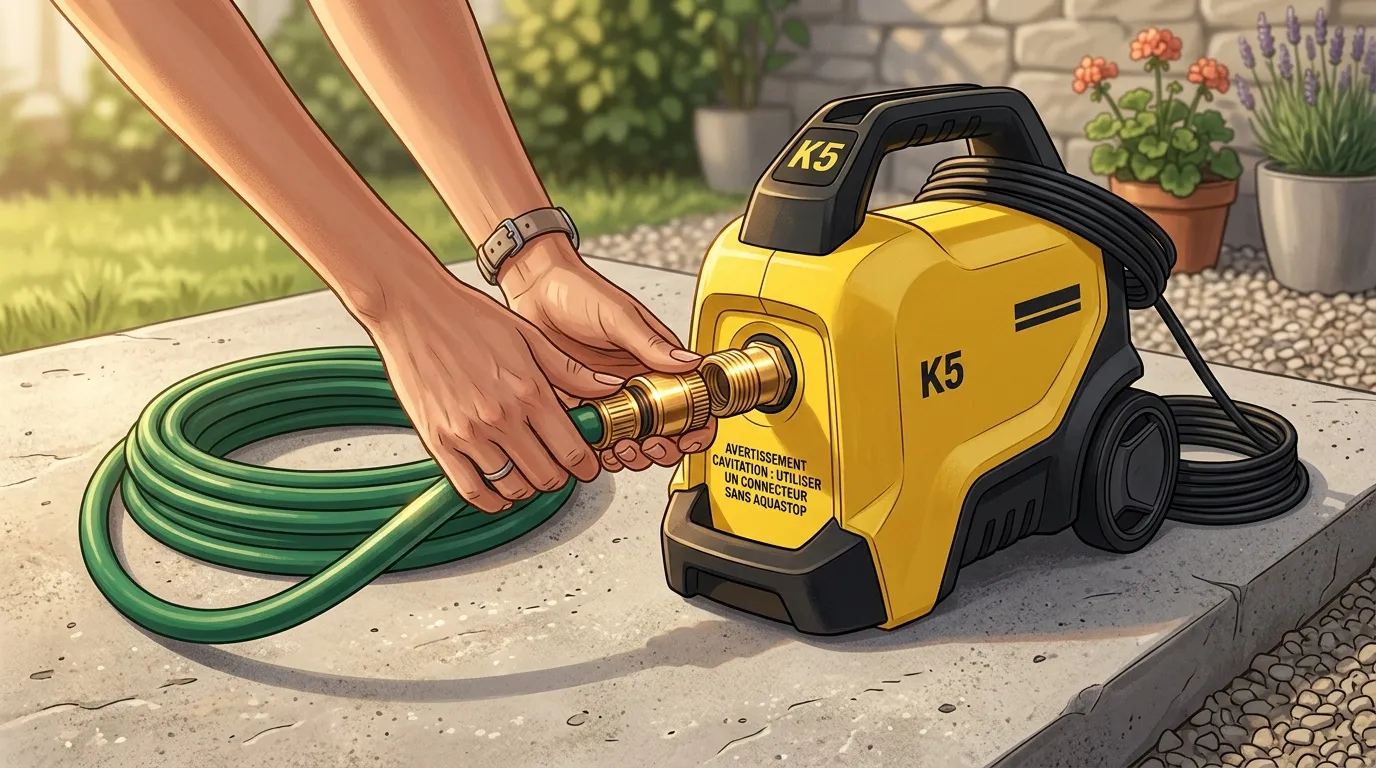 Personne connectant tuyau vert à nettoyeur jaune K5