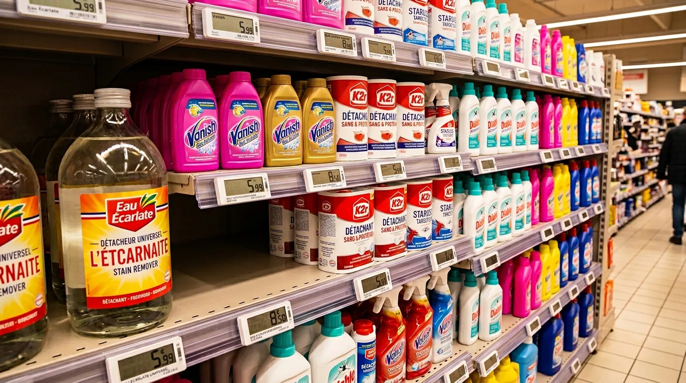 Étagères de supermarché avec bouteilles de détachants colorés
