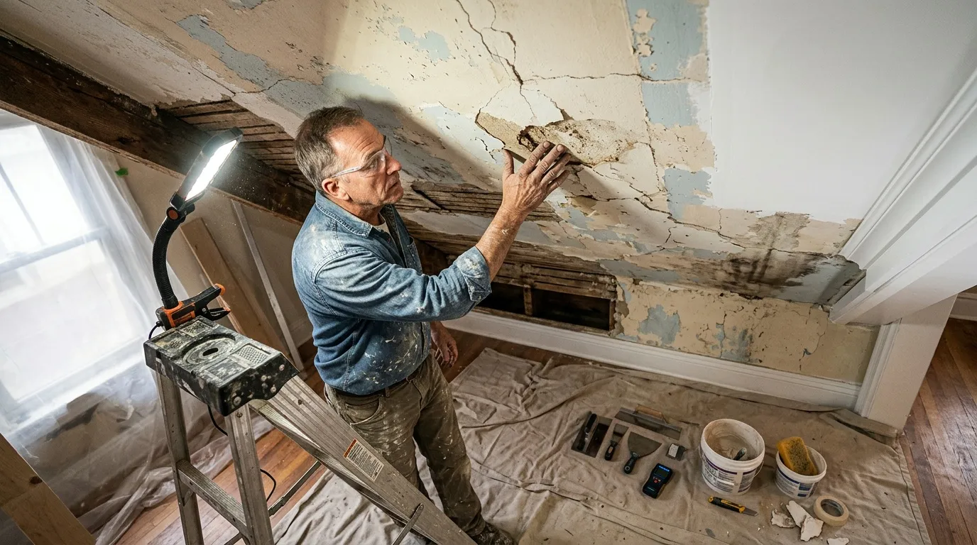 Homme inspectant un plafond endommagé avec lampe frontale