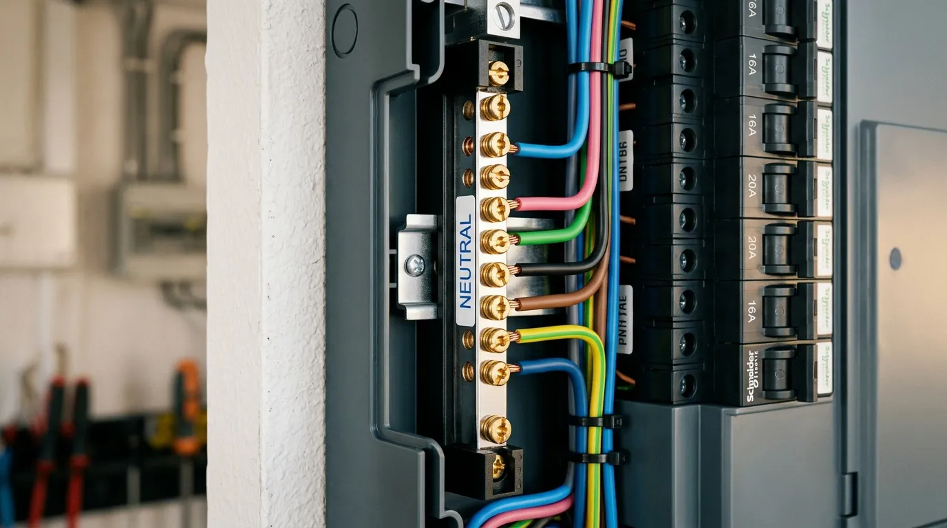 Panneau &eacute;lectrique avec fils multicolores connect&eacute;s aux bornes dor&eacute;es