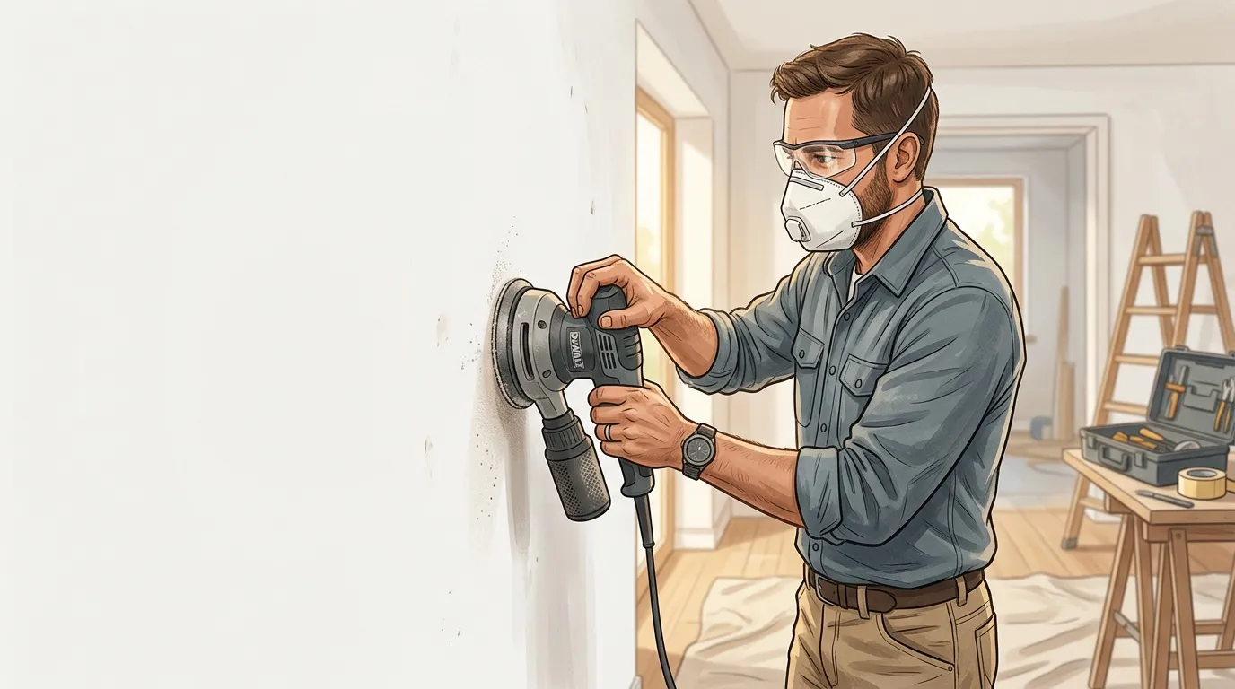 Homme avec masque ponçant mur blanc lors rénovation
