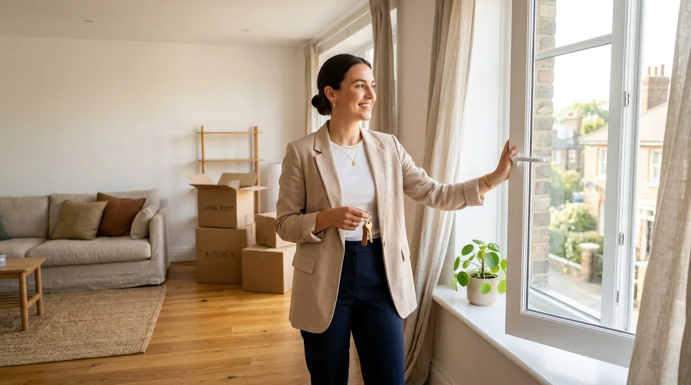 Femme tenant des clés dans un appartement vide avec cartons
