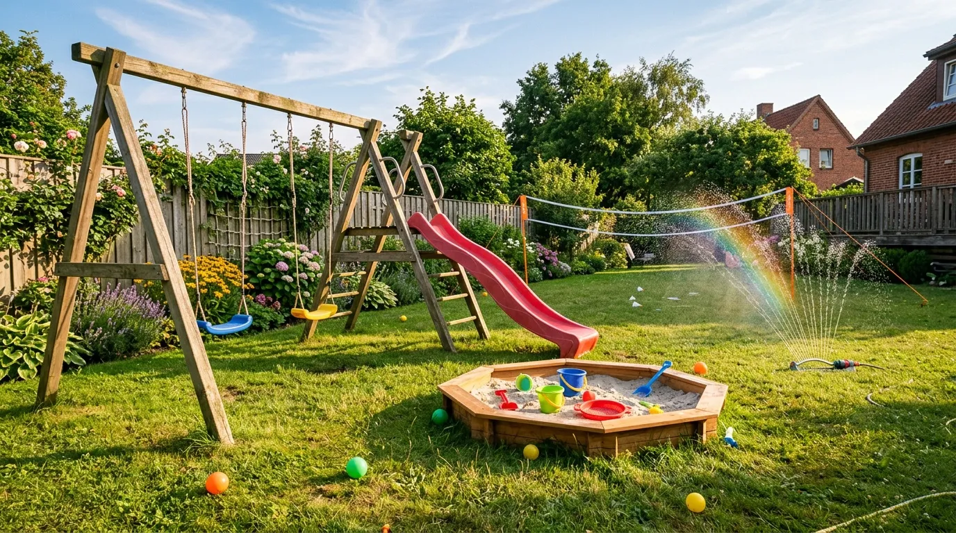 Jardin avec balançoires, toboggan, bac à sable et arroseur arc-en-ciel