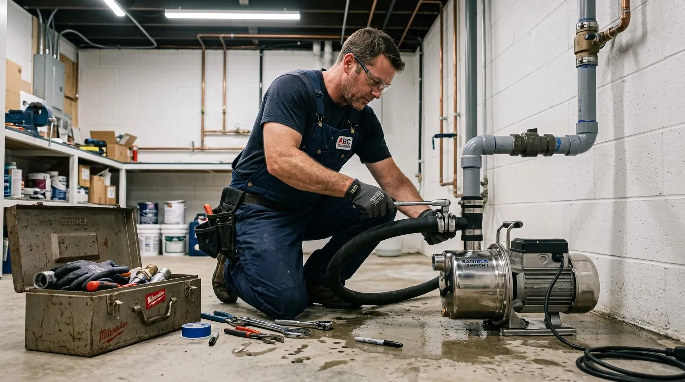 Technicien en salopette bleue installe une pompe de drainage en atelier