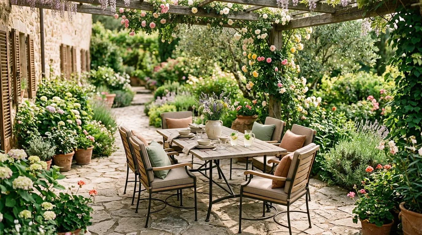 Table dressée sous pergola fleurie dans jardin romantique
