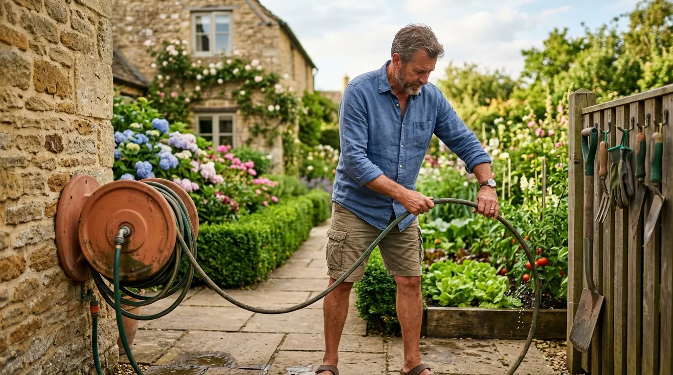 Homme arrose son jardin avec un tuyau d'eau