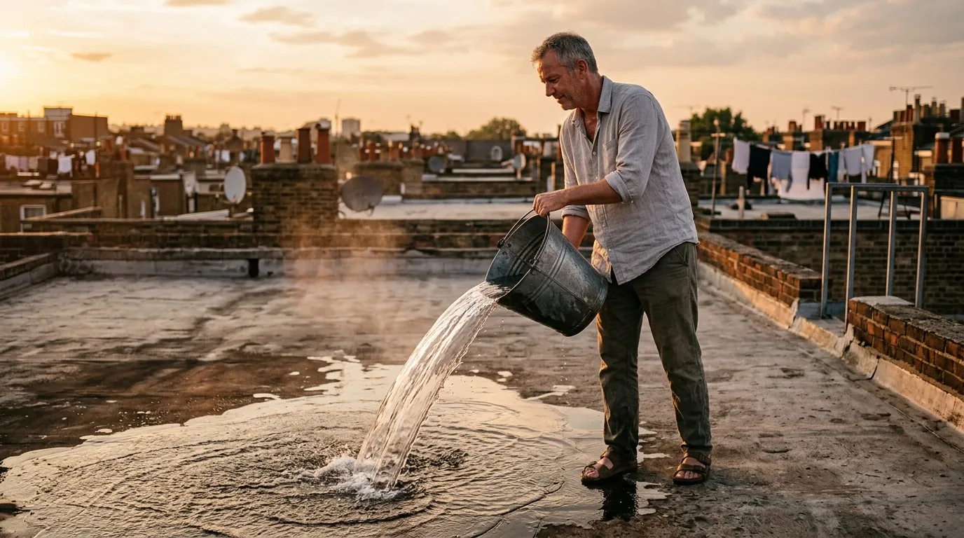 Homme versant de l'eau sur un toit de ville
