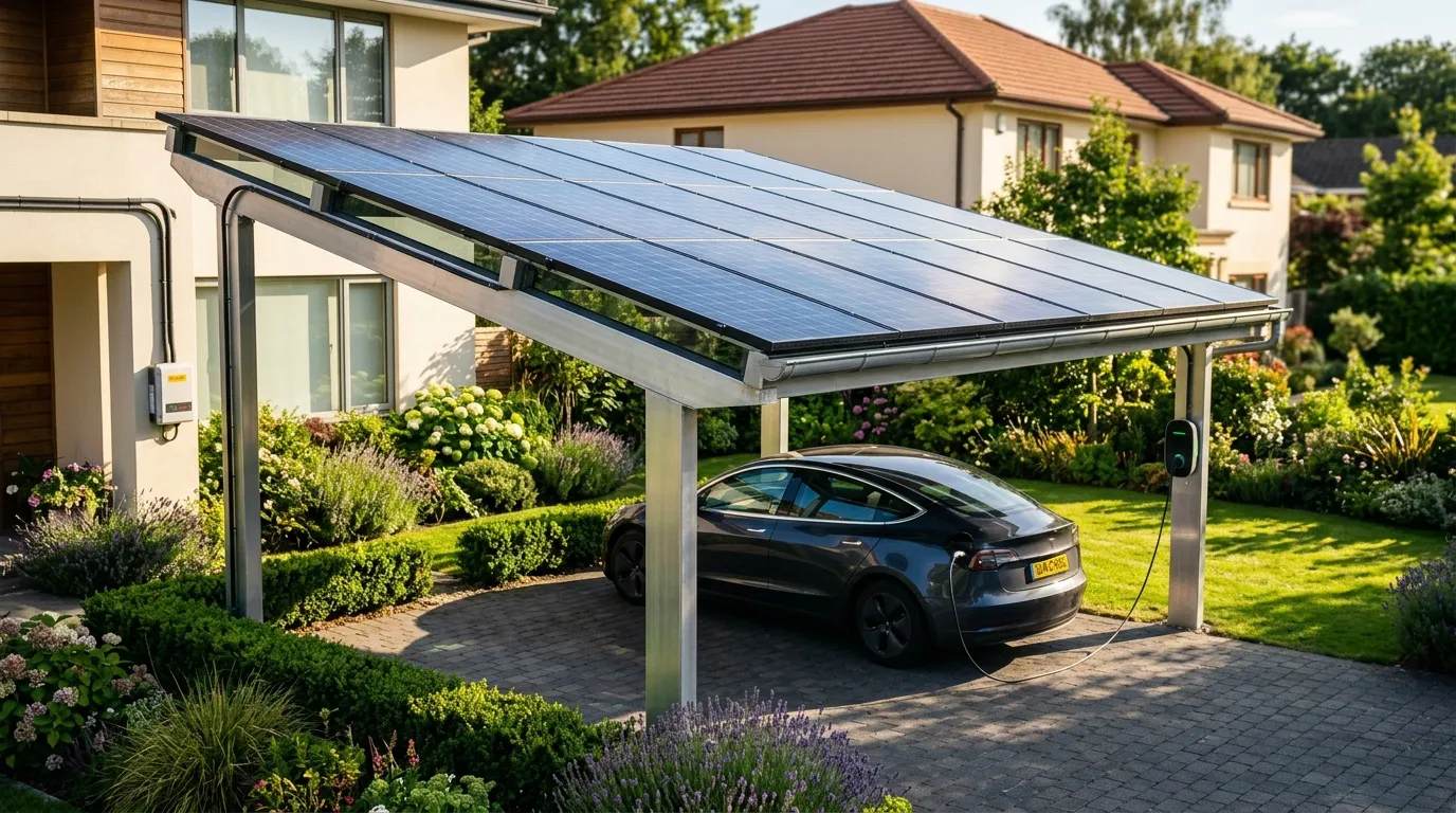 Voiture électrique chargée sous abri photovoltaïque moderne