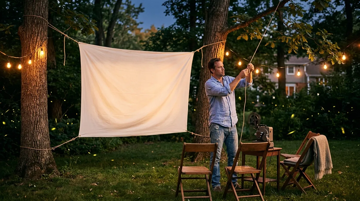 Homme installant écran de projection blanc entre deux arbres