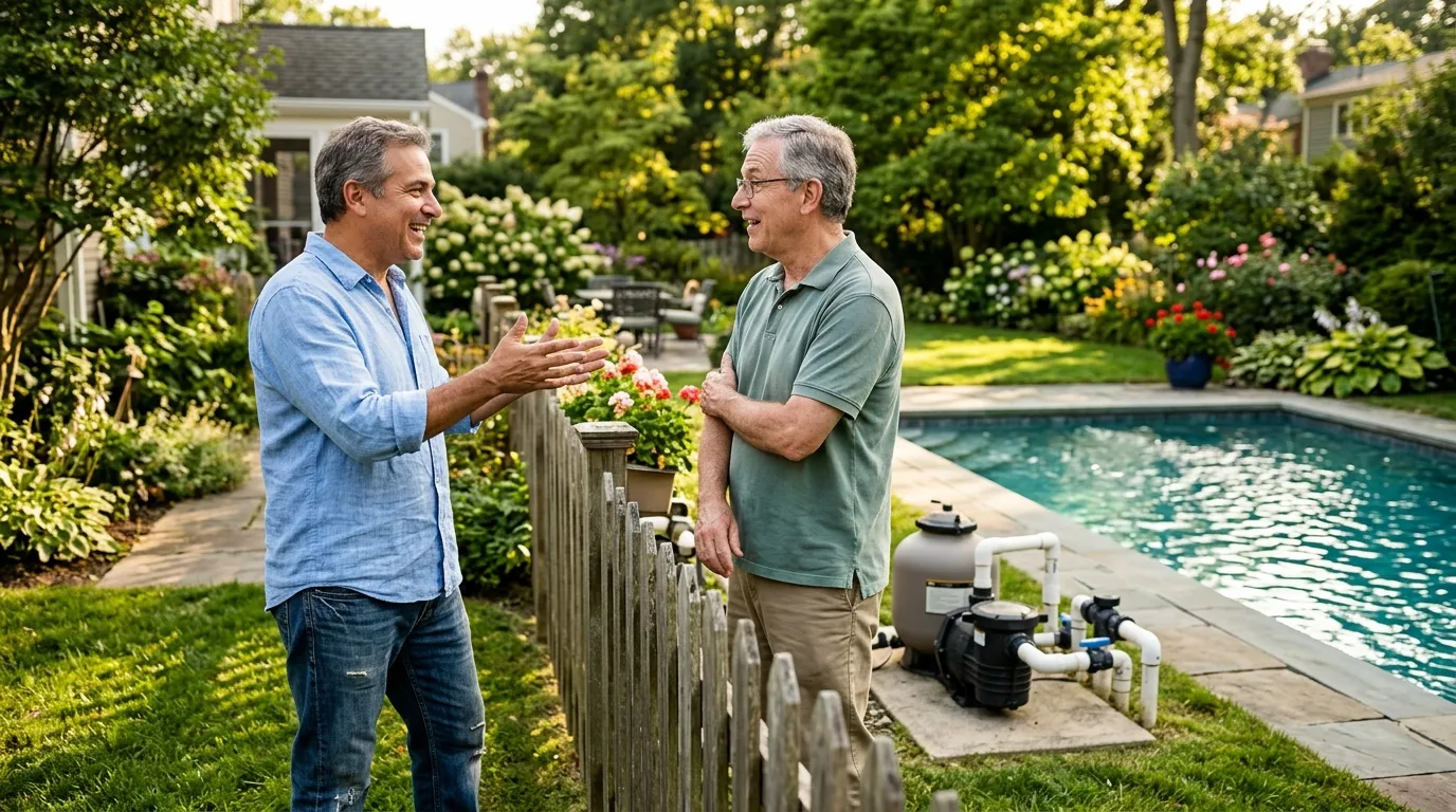 Deux hommes conversent près d'une clôture, piscine en arrière-plan