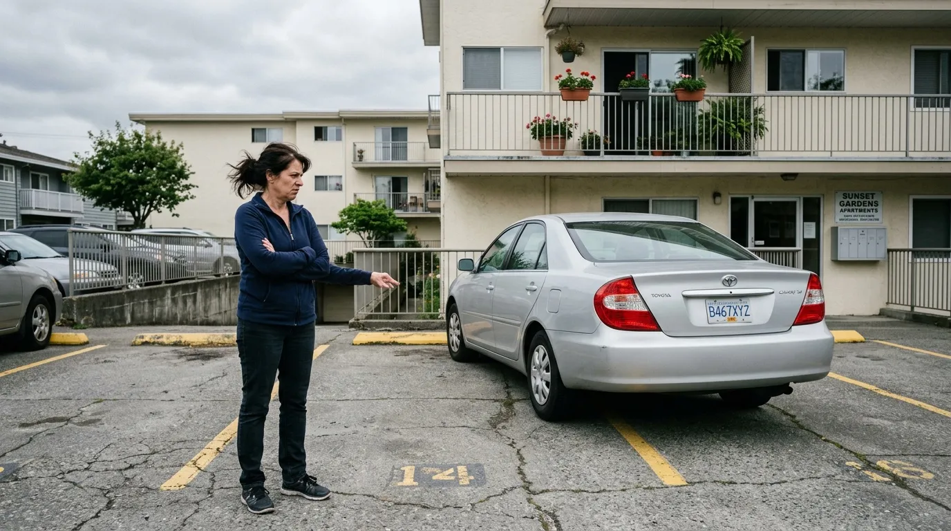 Femme en vêtements bleus posant près d'une Toyota argentée
