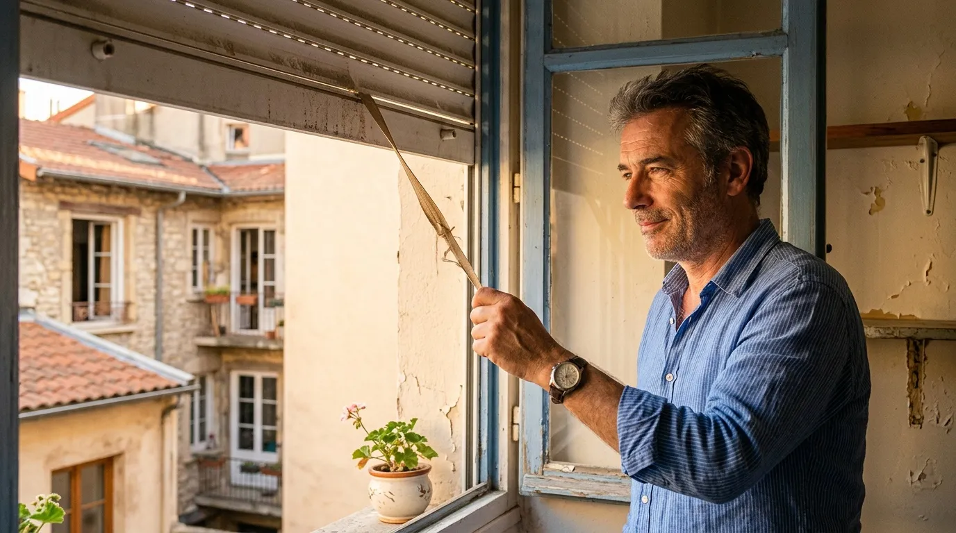 Homme en chemise bleue regardant par fenêtre ouverte