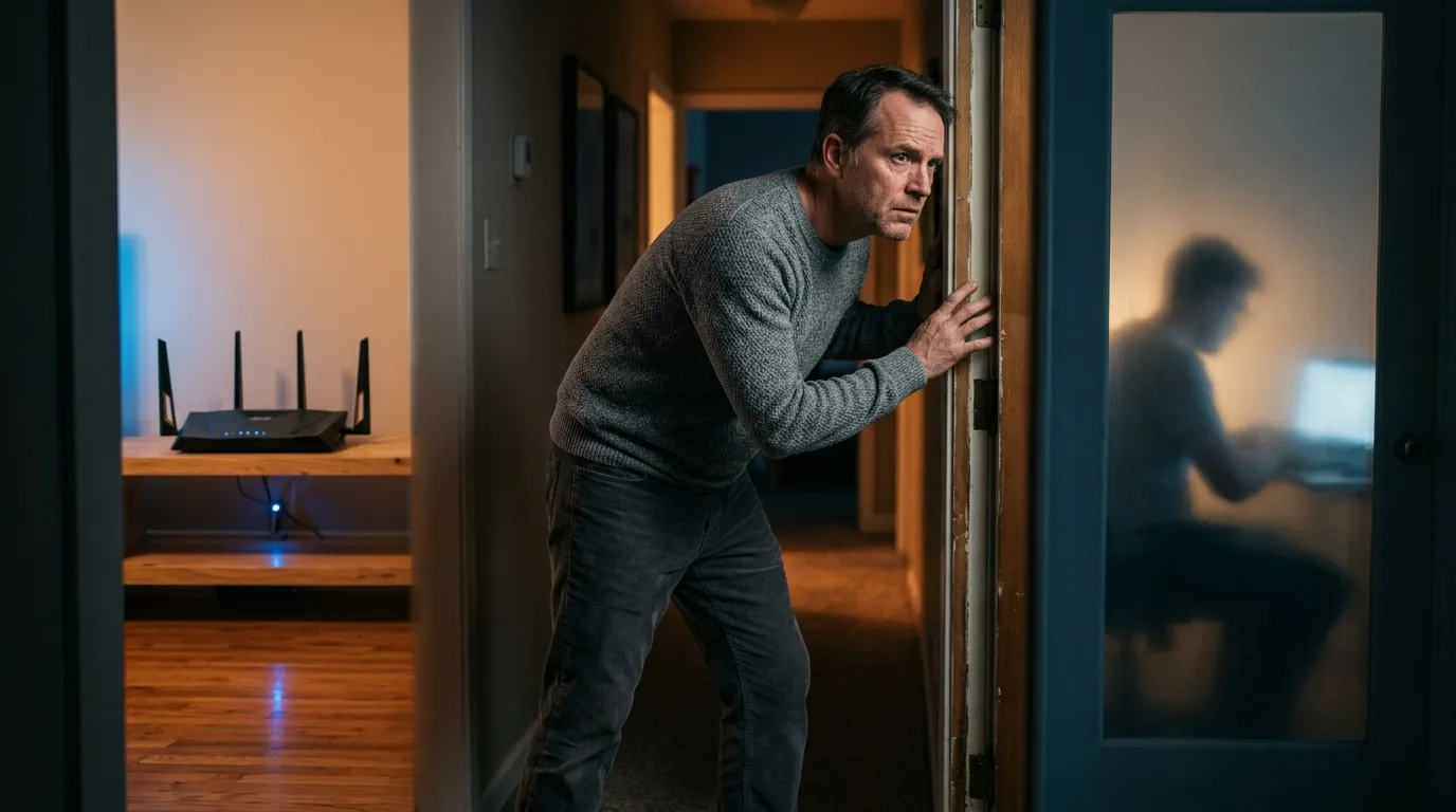 Homme regardant furtivement par une porte entrouverte