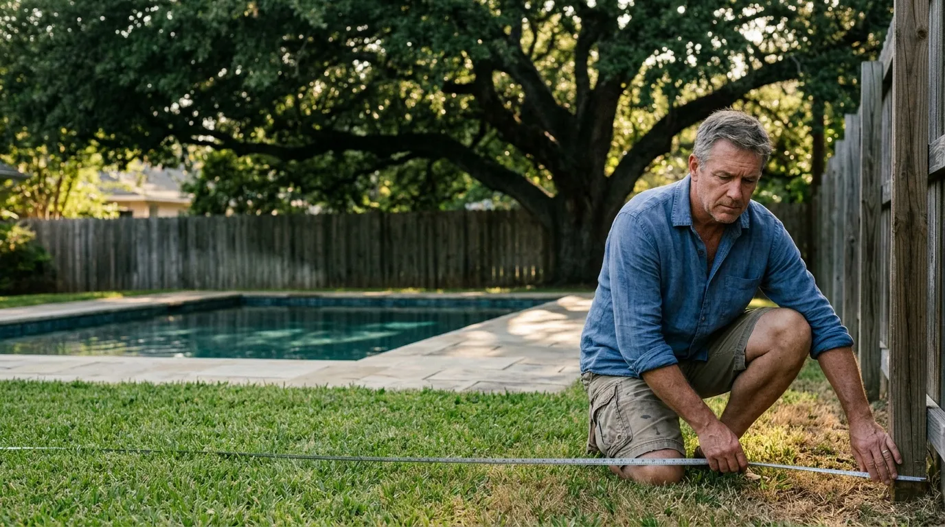 Homme mesure et installe clôture près piscine
