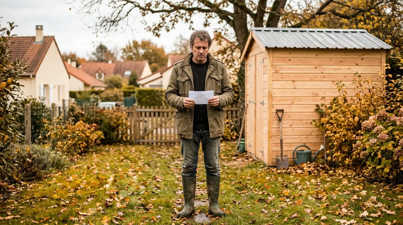 Homme en bottes lisant un document dans son jardin automnal