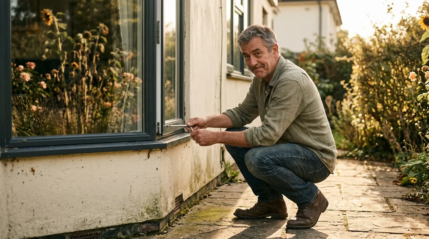 Homme inspectant une fenêtre de maison avec jardin