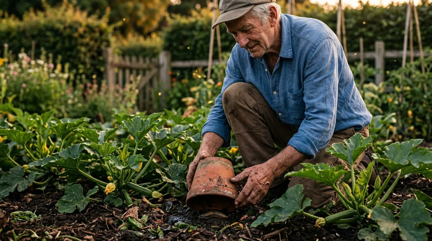 Homme âgé arrosant des plants de courgettes au jardin