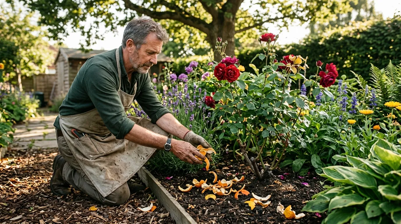 Homme en tablier cueillant des fleurs dans un jardin coloré