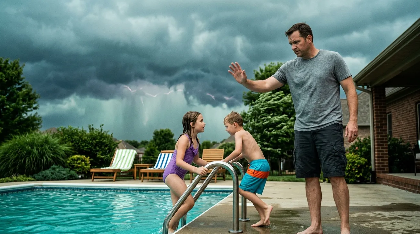 Homme supervise deux enfants près d'une piscine par temps orageux