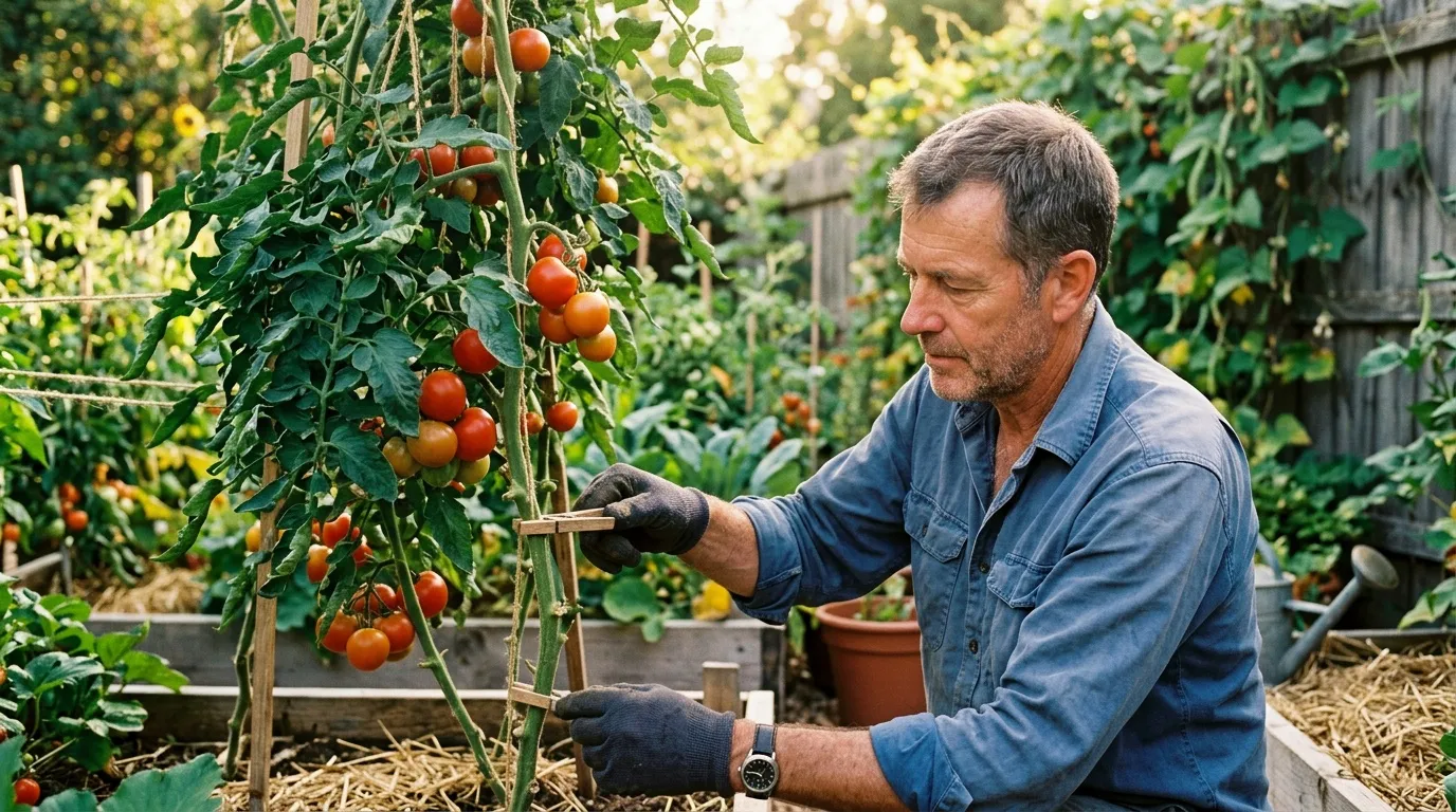 Homme cueillant tomates rouges mûres dans un jardin potager
