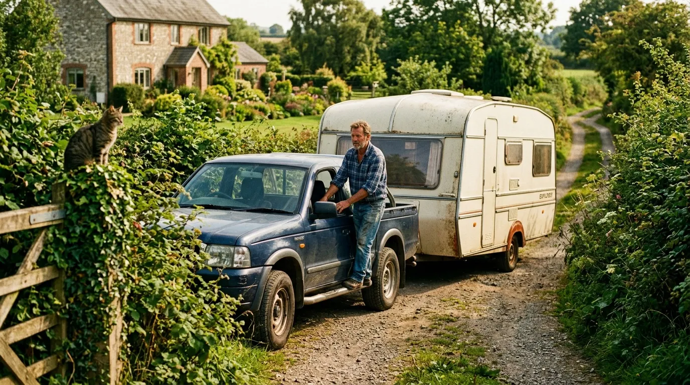 Homme avec pickup et caravane en route campagne anglaise